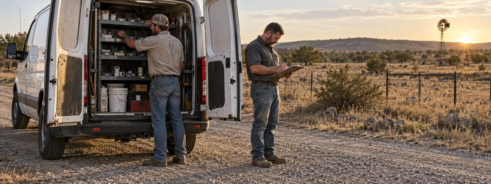 Two-man crew at the back of a service van in late afternoon light.