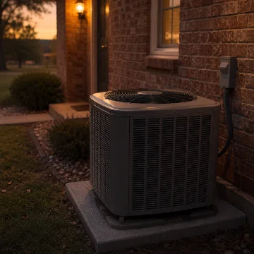 Outdoor air-conditioning unit beside a house at dusk